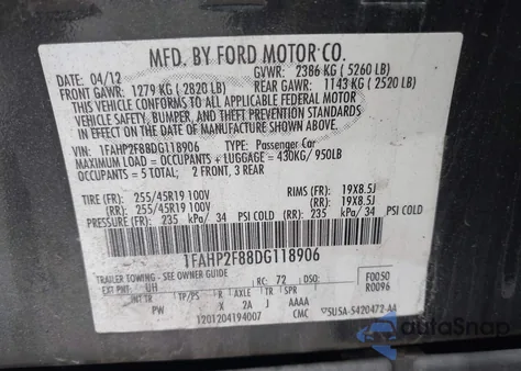 2013 Ford Taurus Limited z USA, uszkodzony, nr VIN 1FAHP2F88DG118906